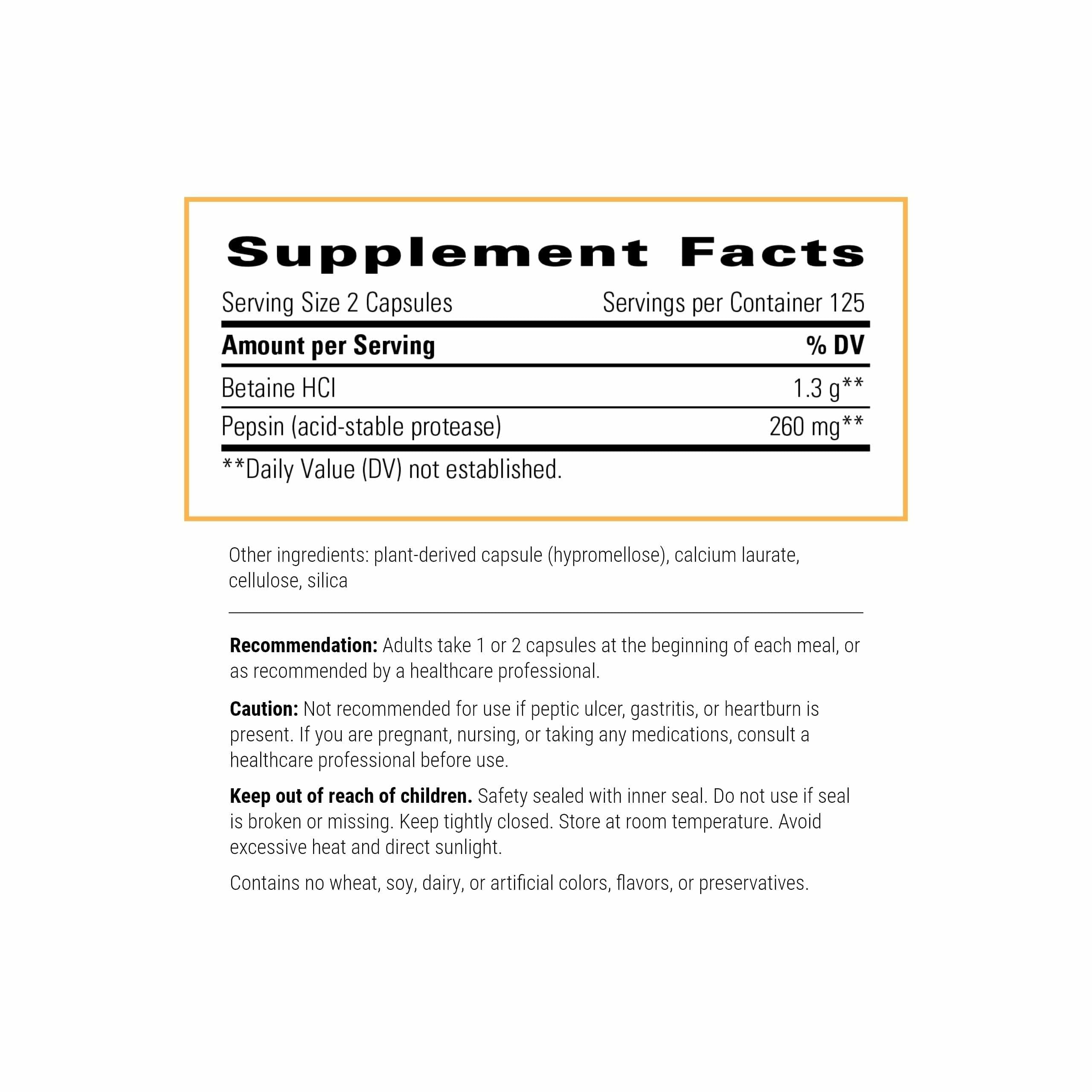 Close-up of Betaine HCl bottle label showing 250 capsules