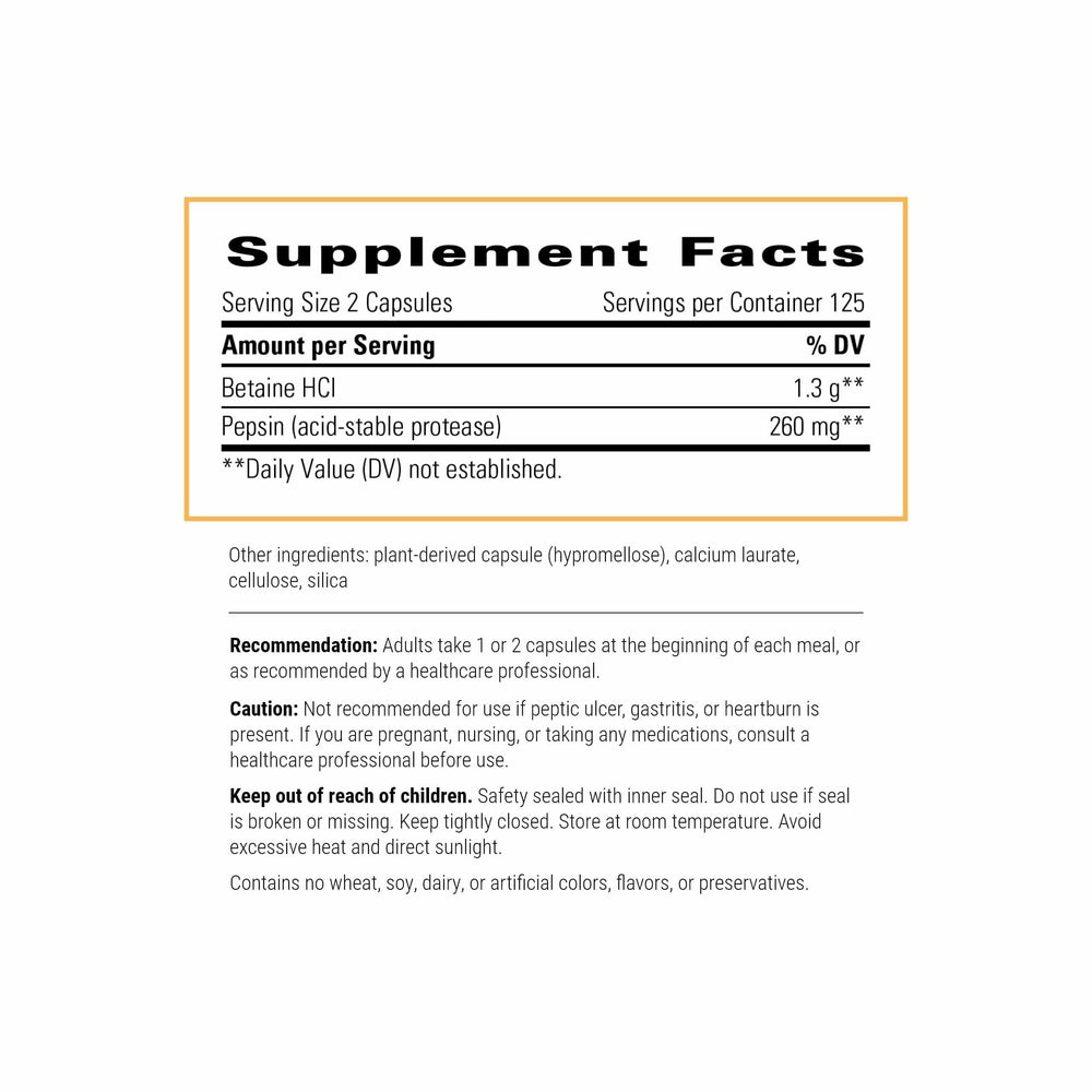 Close-up of Betaine HCl bottle label showing 250 capsules