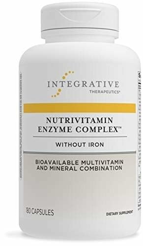 NutriVitamin Enzyme Complex label closeup; dairy-free formulation and enzyme blend for digestive support
