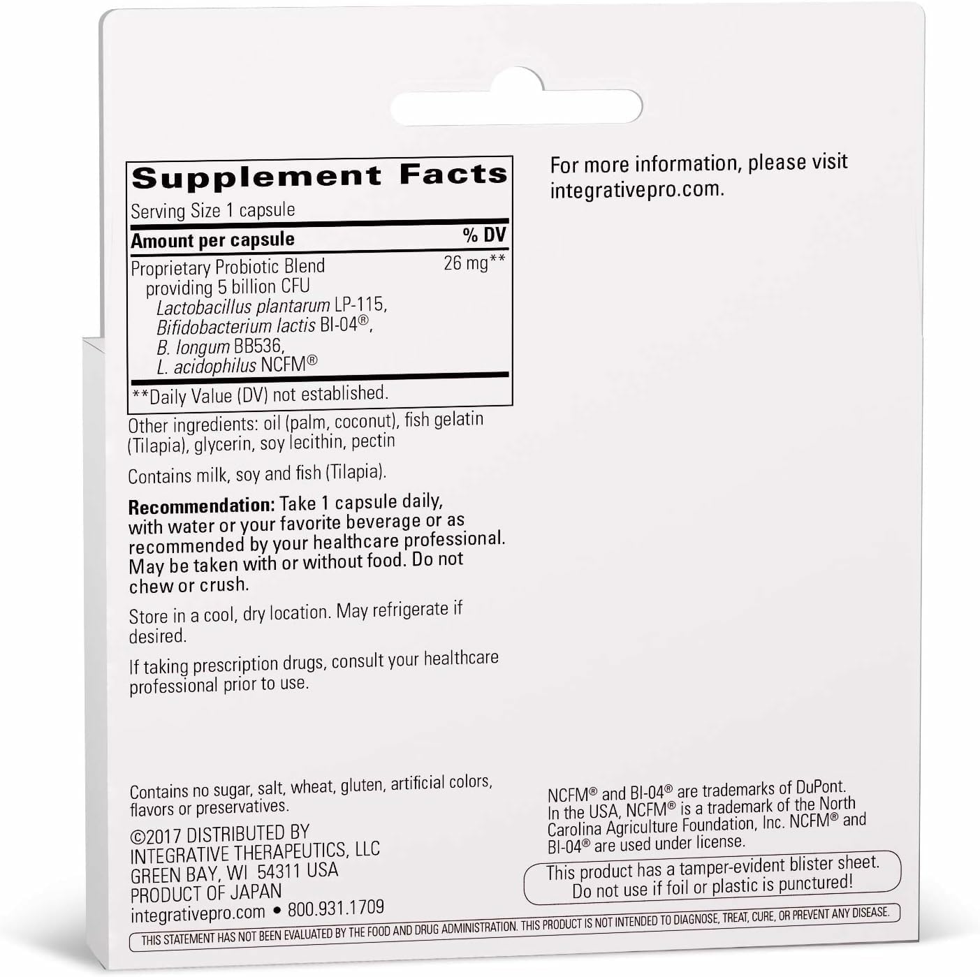Nutrition label showing probiotic blend and ingredients