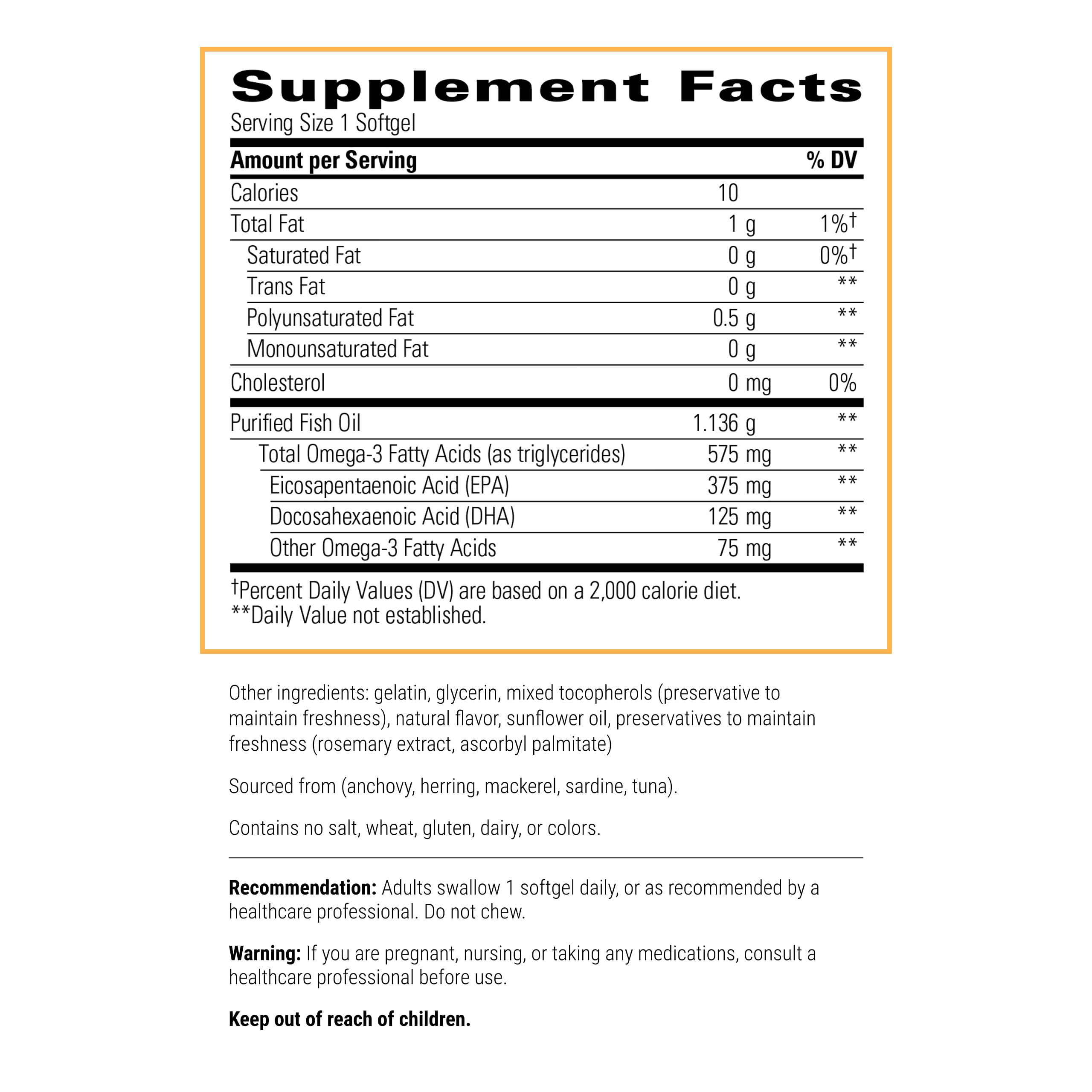 Label showing 375 mg EPA and 125 mg DHA per serving