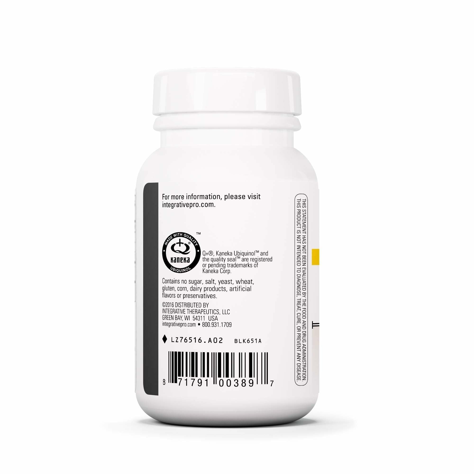 Close-up of UBQH label showing 100 mg ubiquinol per softgel