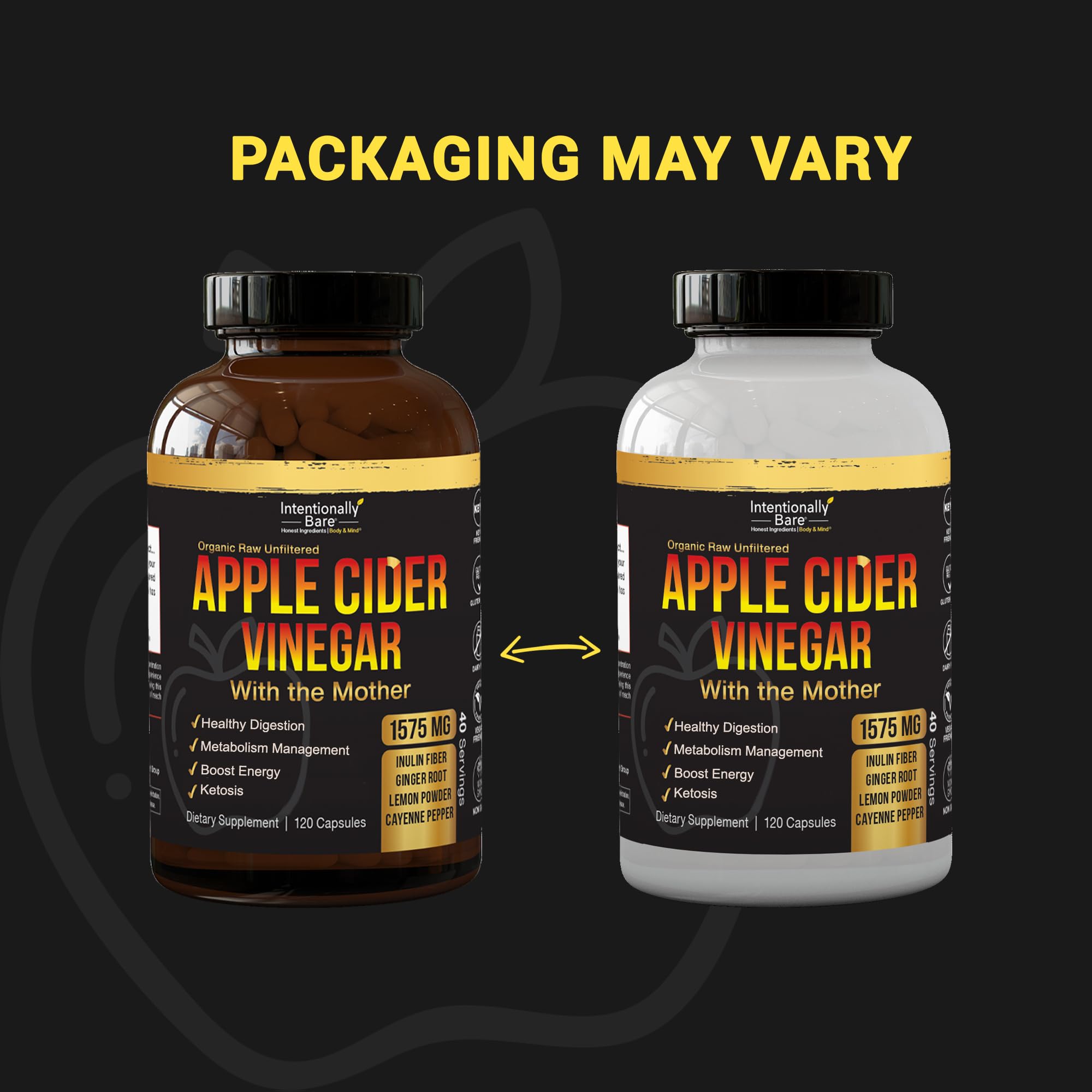 Intentionally Bare ACV capsules easy-to-take form for on-the-go use.