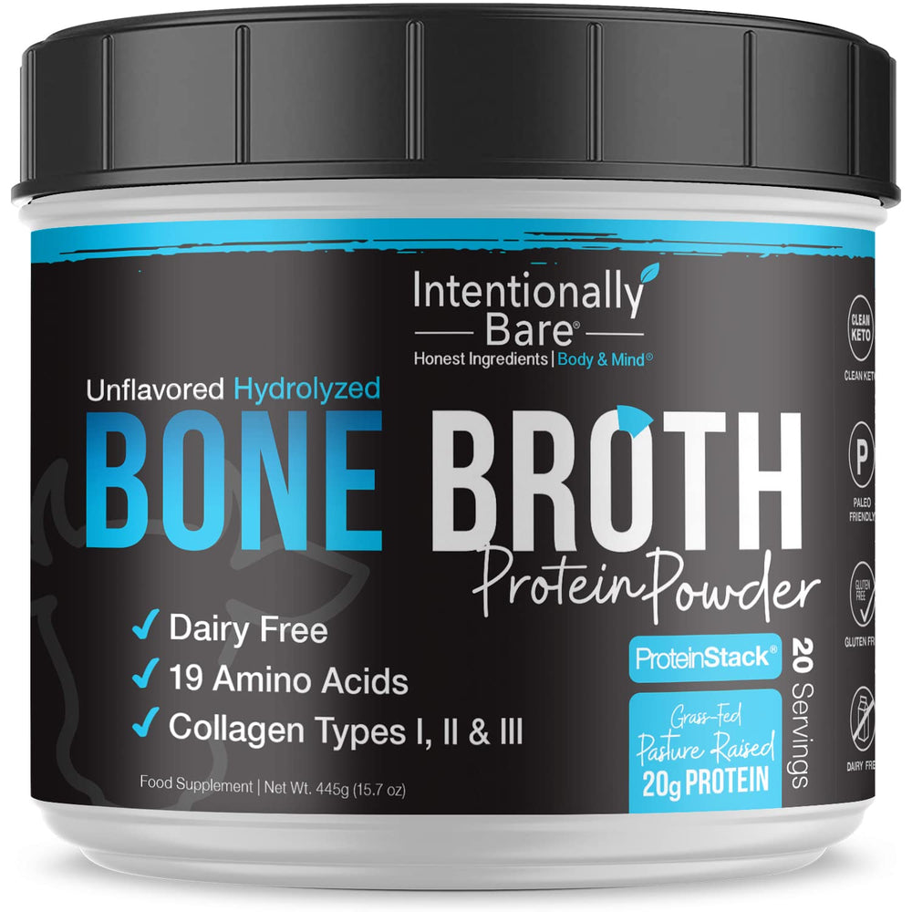 Front view of Intentionally Bare Bone Broth Protein Powder container
