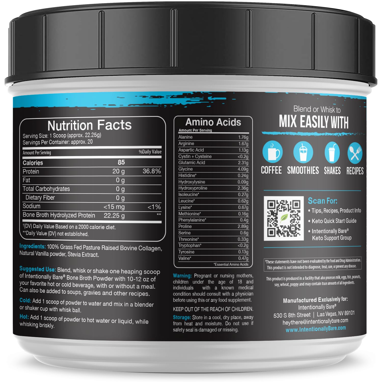 Grass-fed pasture-raised label on bone broth powder container