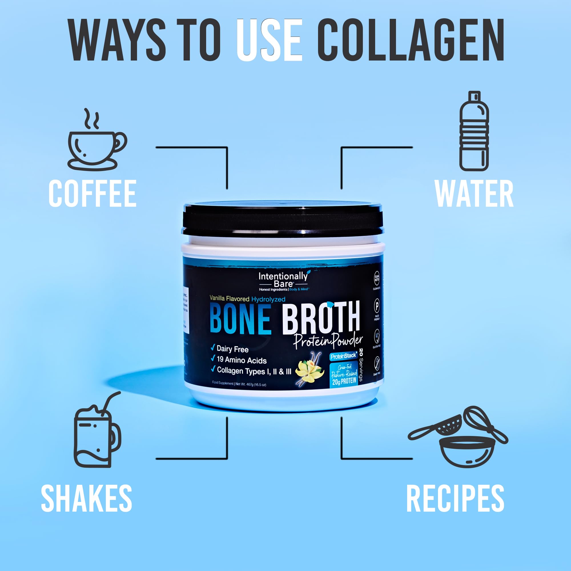 Prepared shake using vanilla bone broth protein powder