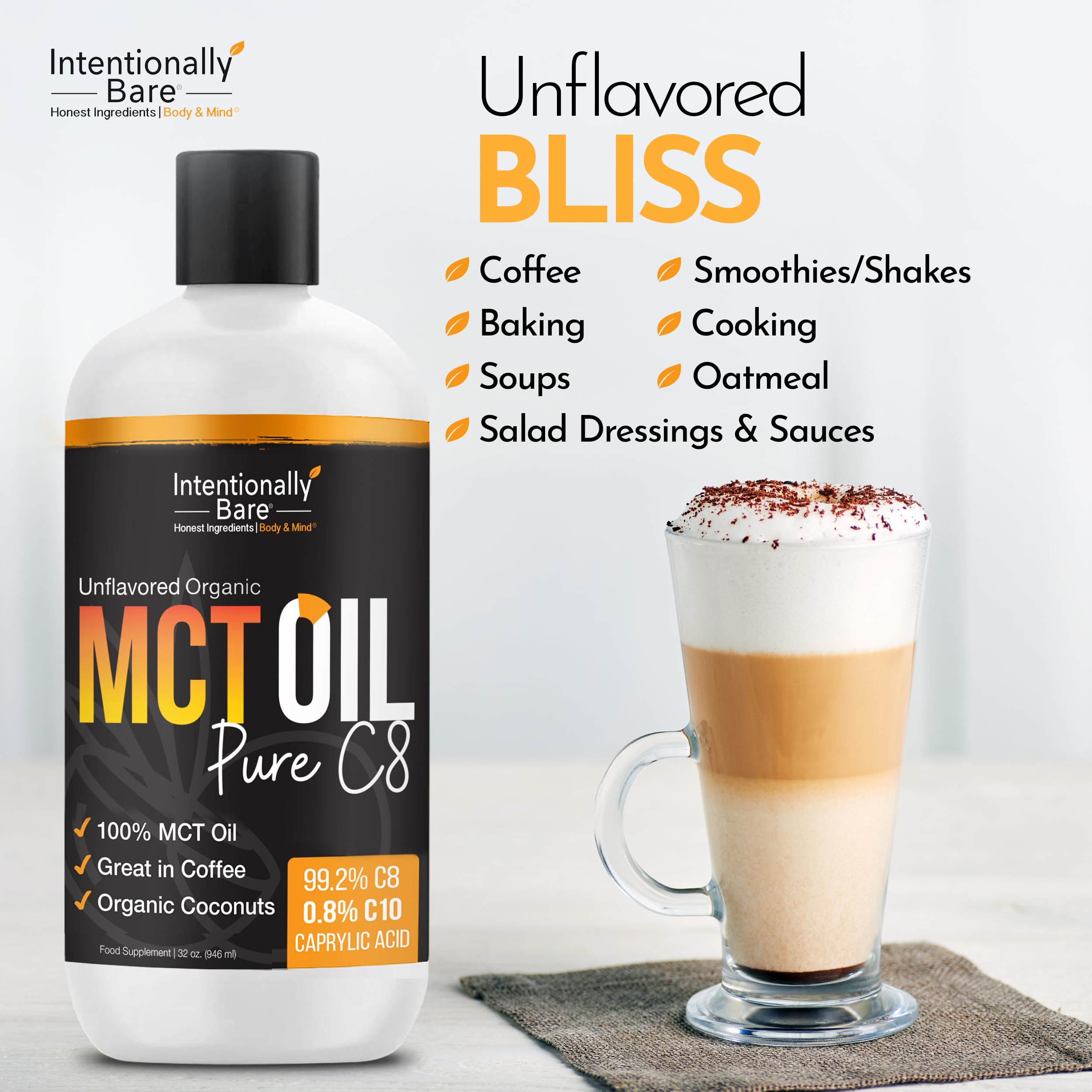 Close-up of Intentionally Bare Organic C8 MCT Oil bottle