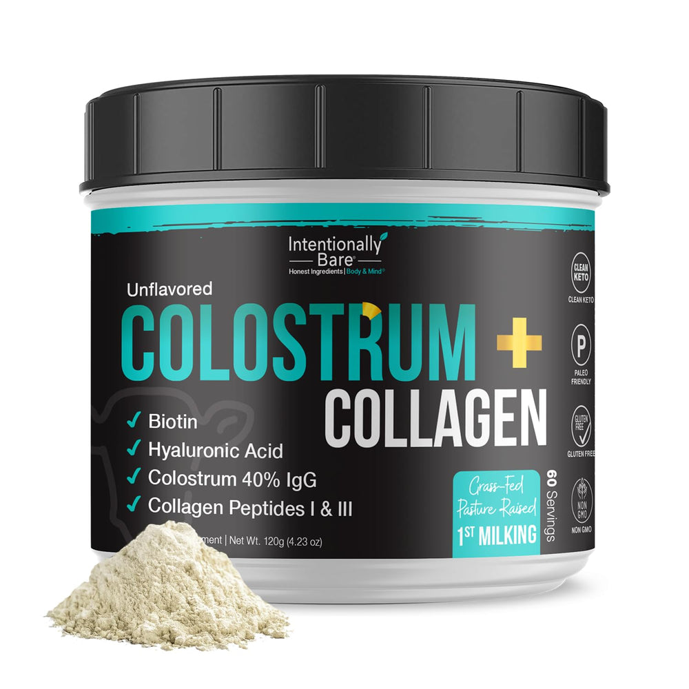 Front view of Intentionally Bare Colostrum and Collagen powder container