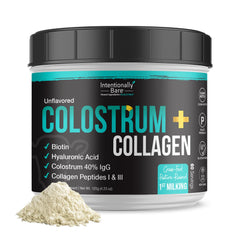 Front view of Intentionally Bare Colostrum and Collagen powder container