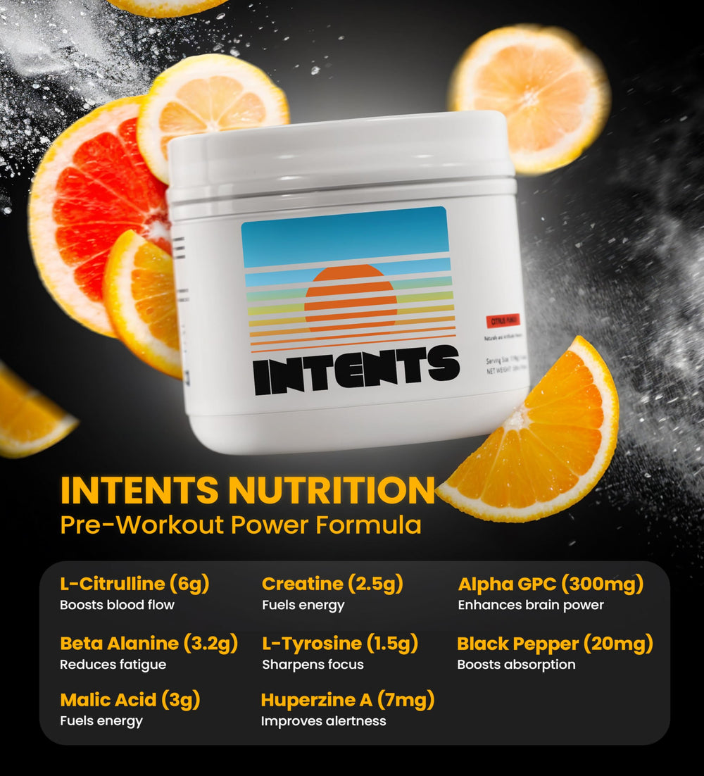 Intents Nutrition Pre Workout powder and scoop