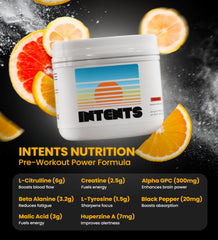Intents Nutrition Pre Workout powder and scoop