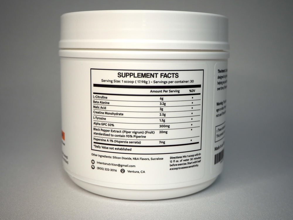 Product label of Intents Nutrition Pre Workout