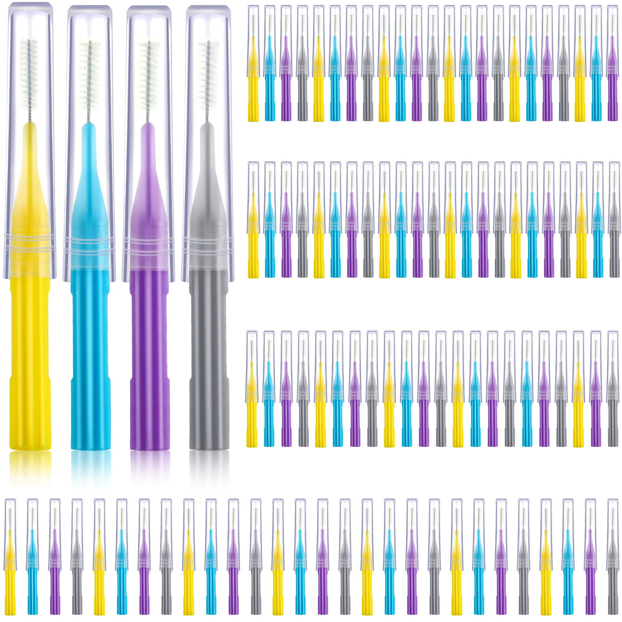 Interdental brush set in light blue, yellow, gray, and purple
