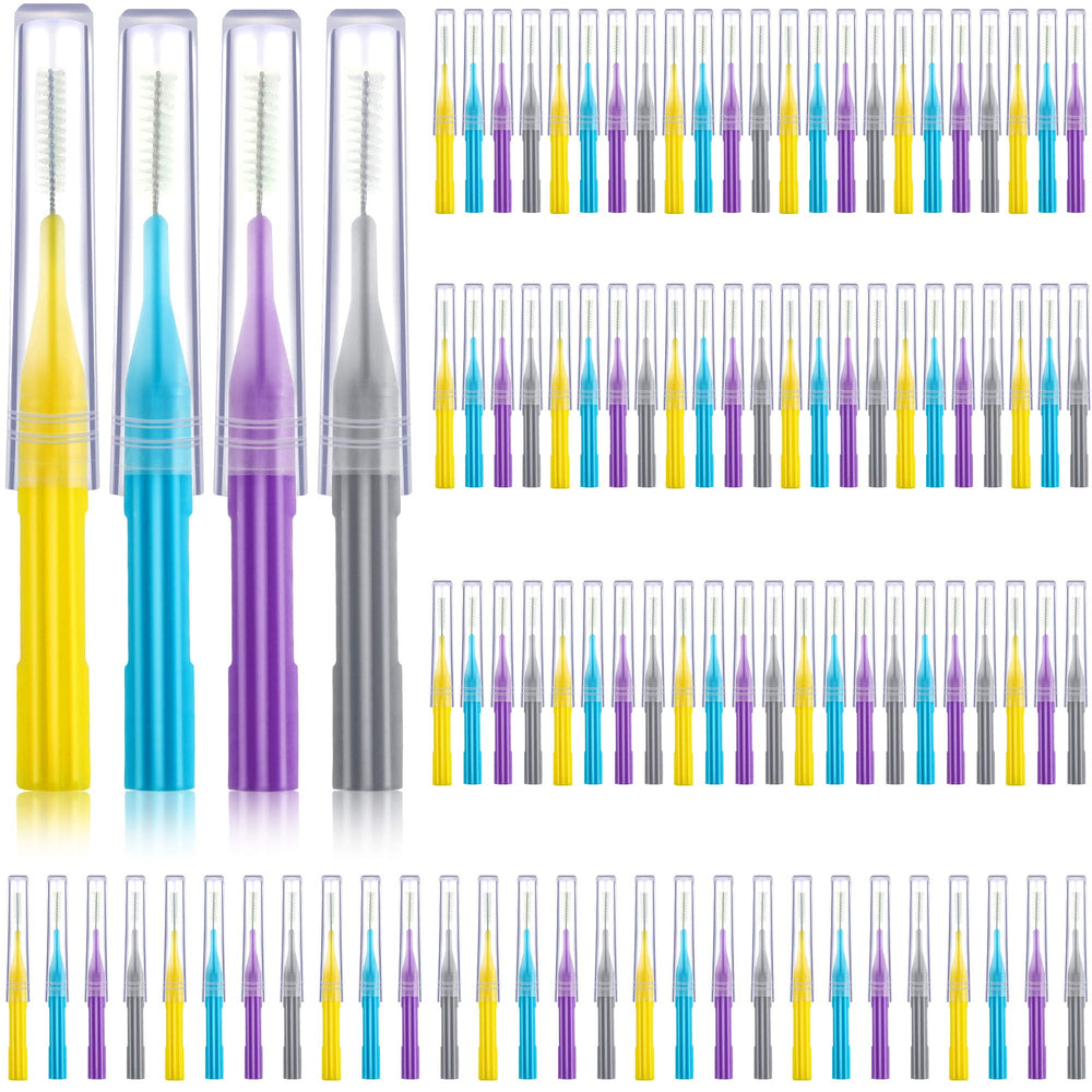 Interdental brush set in light blue, yellow, gray, and purple