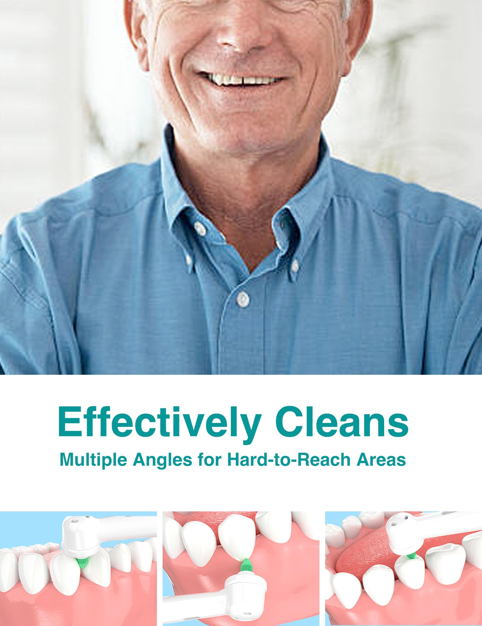 Deep-clean interdental head reaching between teeth and around braces