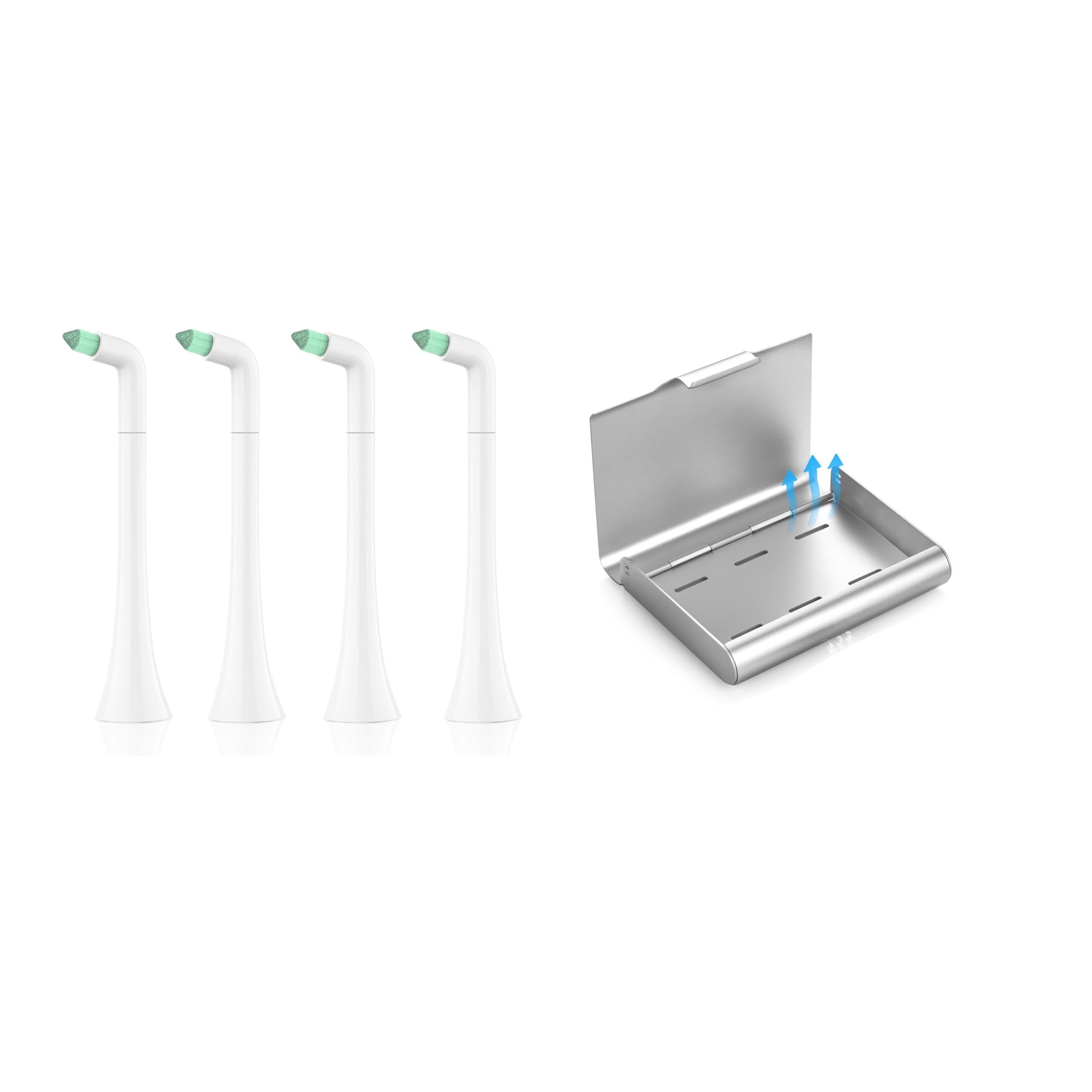 Front view of interdental replacement toothbrush heads alongside aluminum retainer case