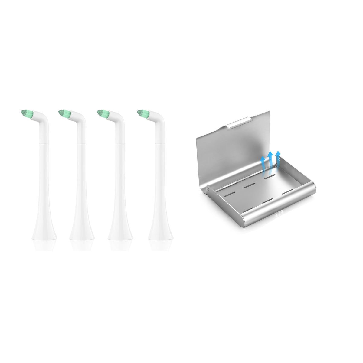 Front view of interdental replacement toothbrush heads alongside aluminum retainer case