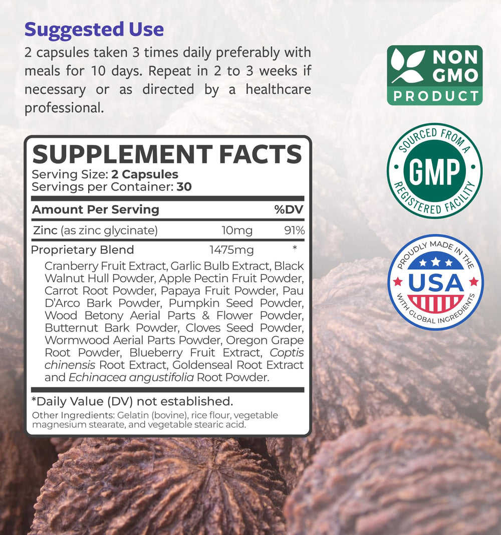 Herbs including wormwood, black walnut, goldenseal and cloves