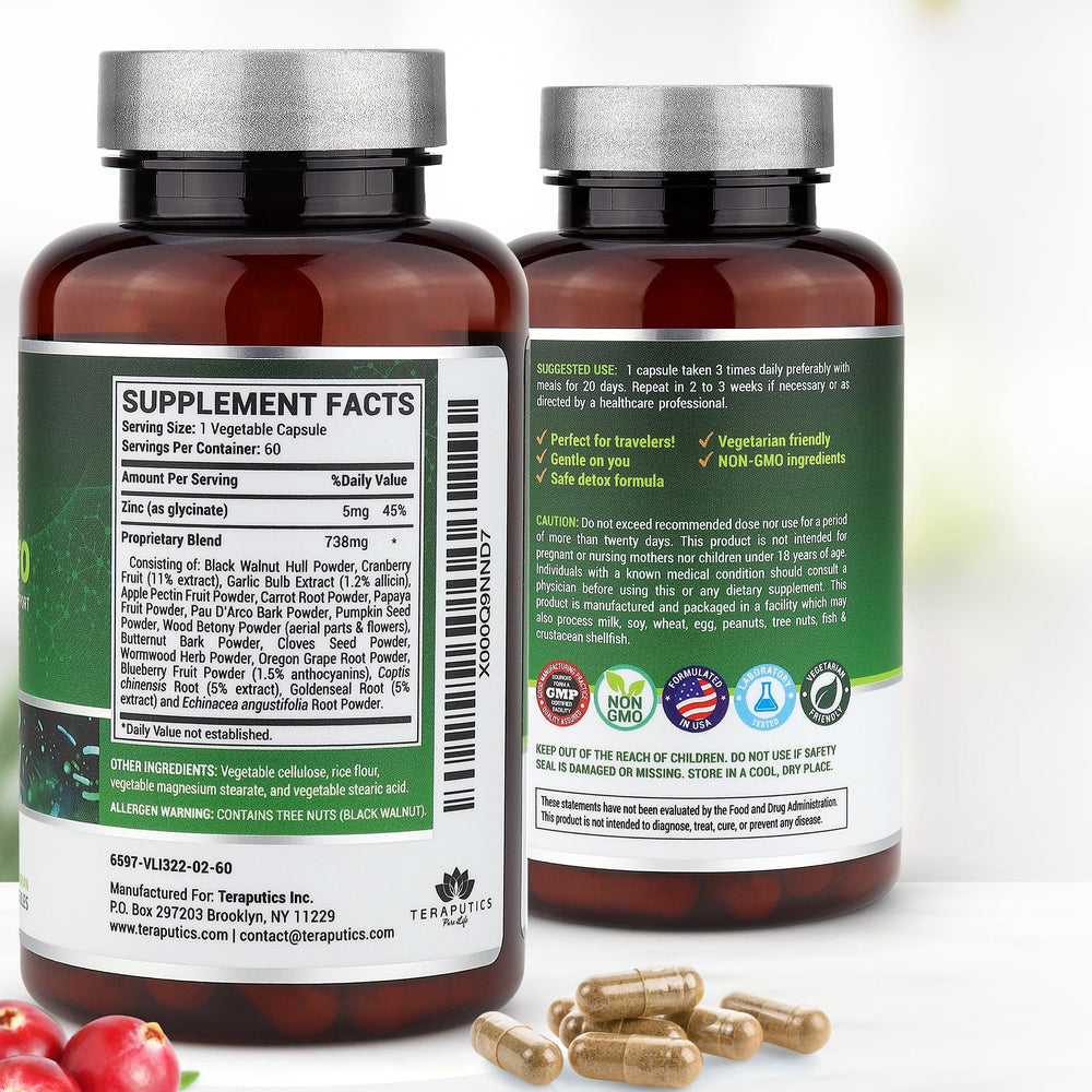 Illustration of key ingredients: wormwood, black walnut, clove, pumpkin seed