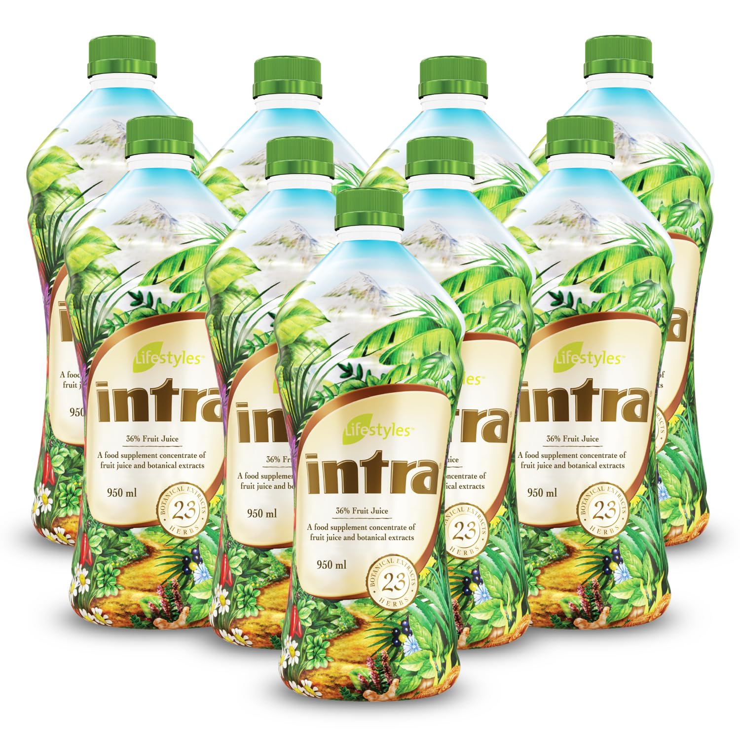 Intra Lifestyles Herbal Juice Drink bottle close-up for detox and immune support.