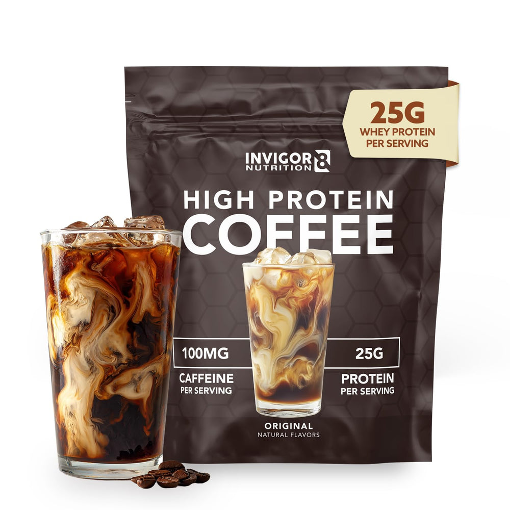 Invigor8 high-protein coffee canister with premium Colombian blend for anytime nutrition.