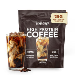 Invigor8 high-protein coffee canister with premium Colombian blend for anytime nutrition.