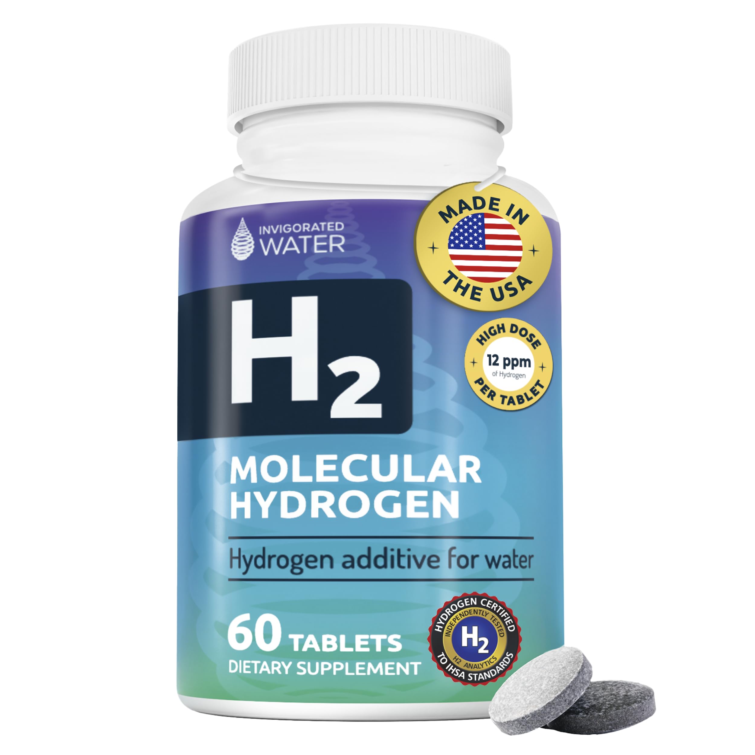 Front view of Invigorated Water Hydrogen Tablets packaging showing 60 servings.