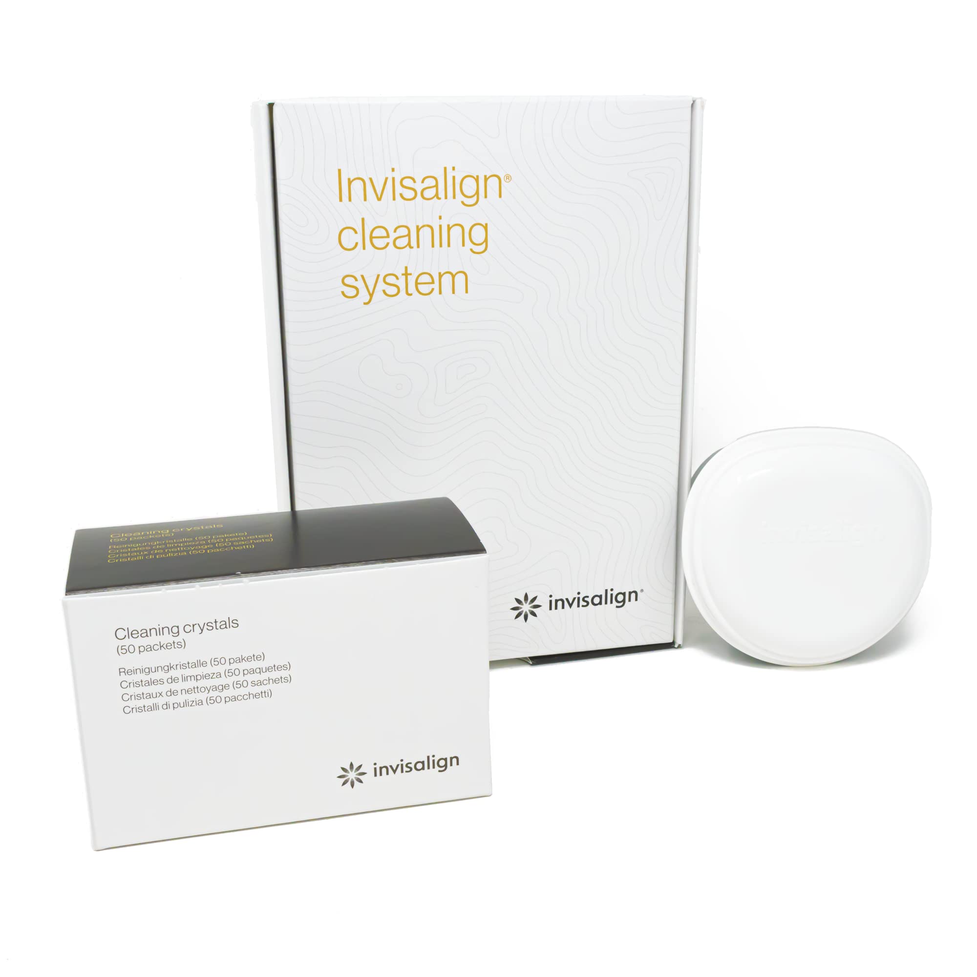 Hero image showing Invisalign Cleaning Crystals with tub and 50 packets
