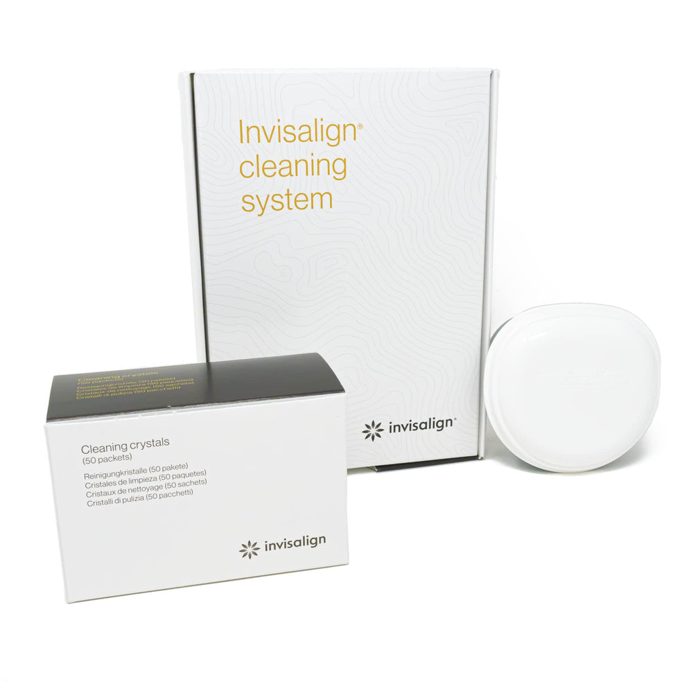 Hero image showing Invisalign Cleaning Crystals with tub and 50 packets