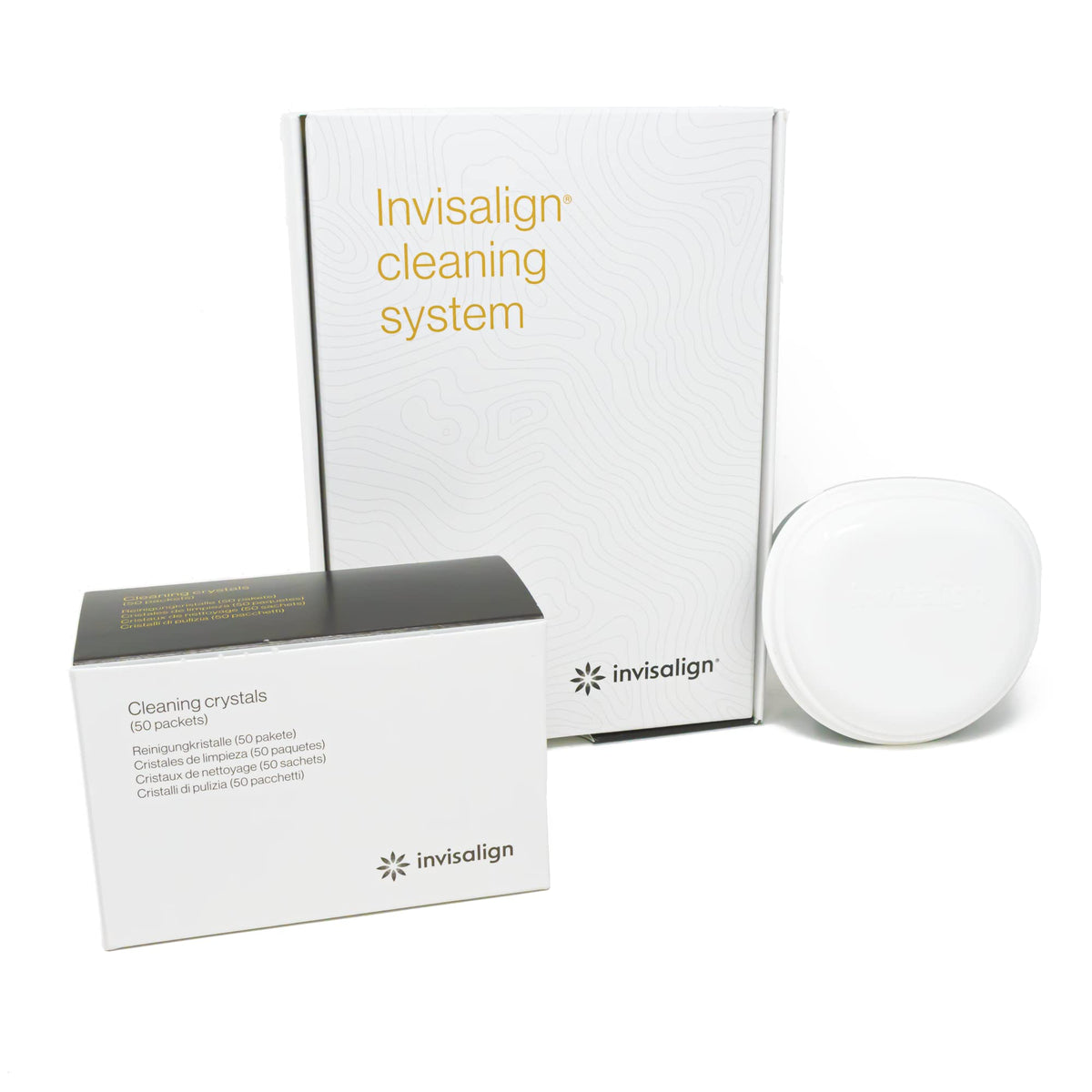 Hero image showing Invisalign Cleaning Crystals with tub and 50 packets