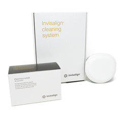 Hero image showing Invisalign Cleaning Crystals with tub and 50 packets