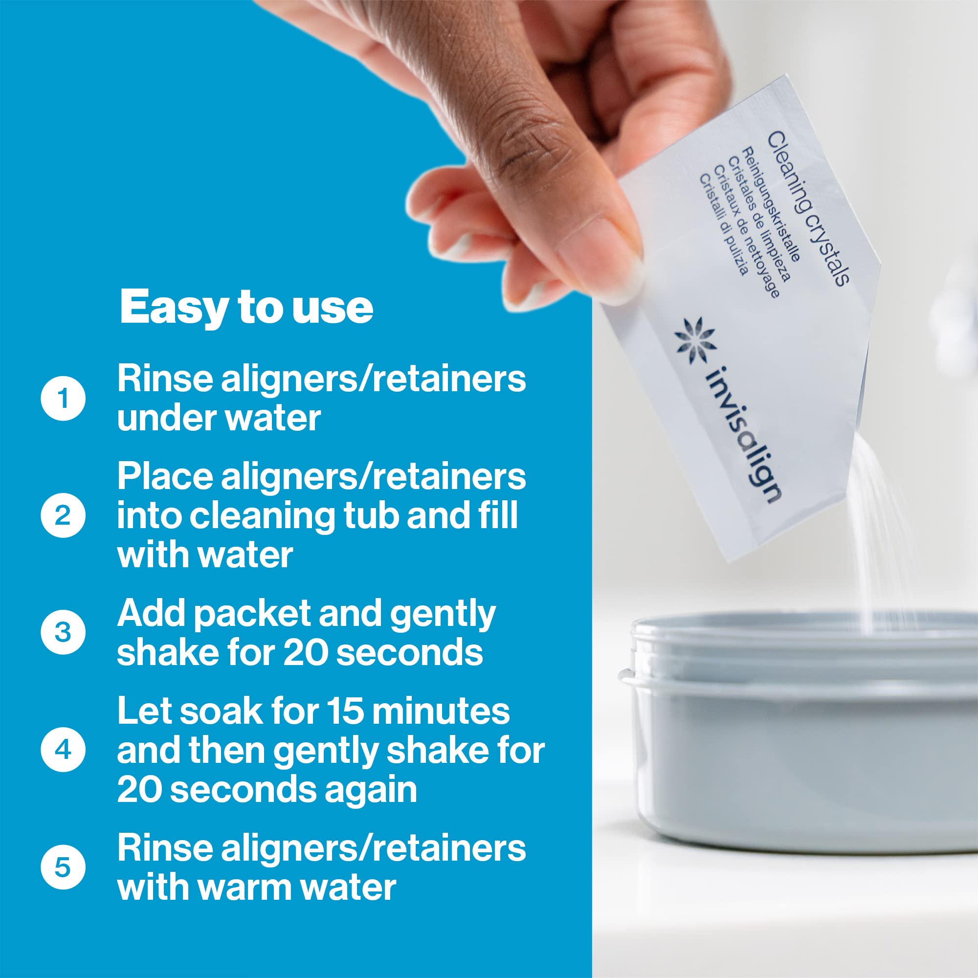 Packaging contents showing tub and 50 crystal packets