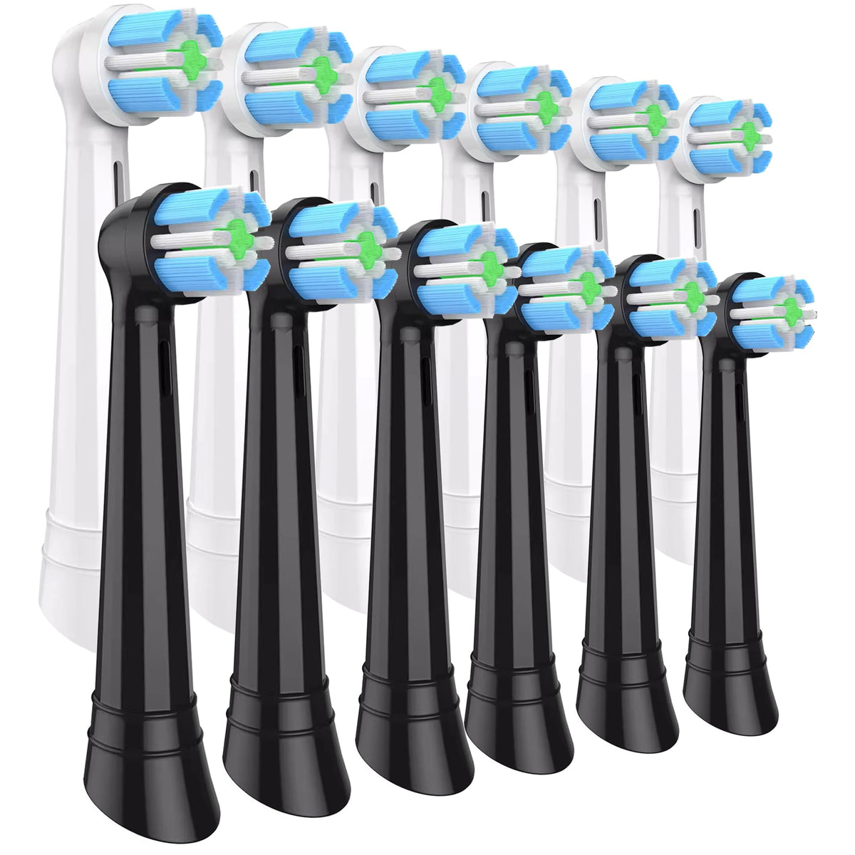 IO replacement brush heads pack front - 6 black and 6 white
