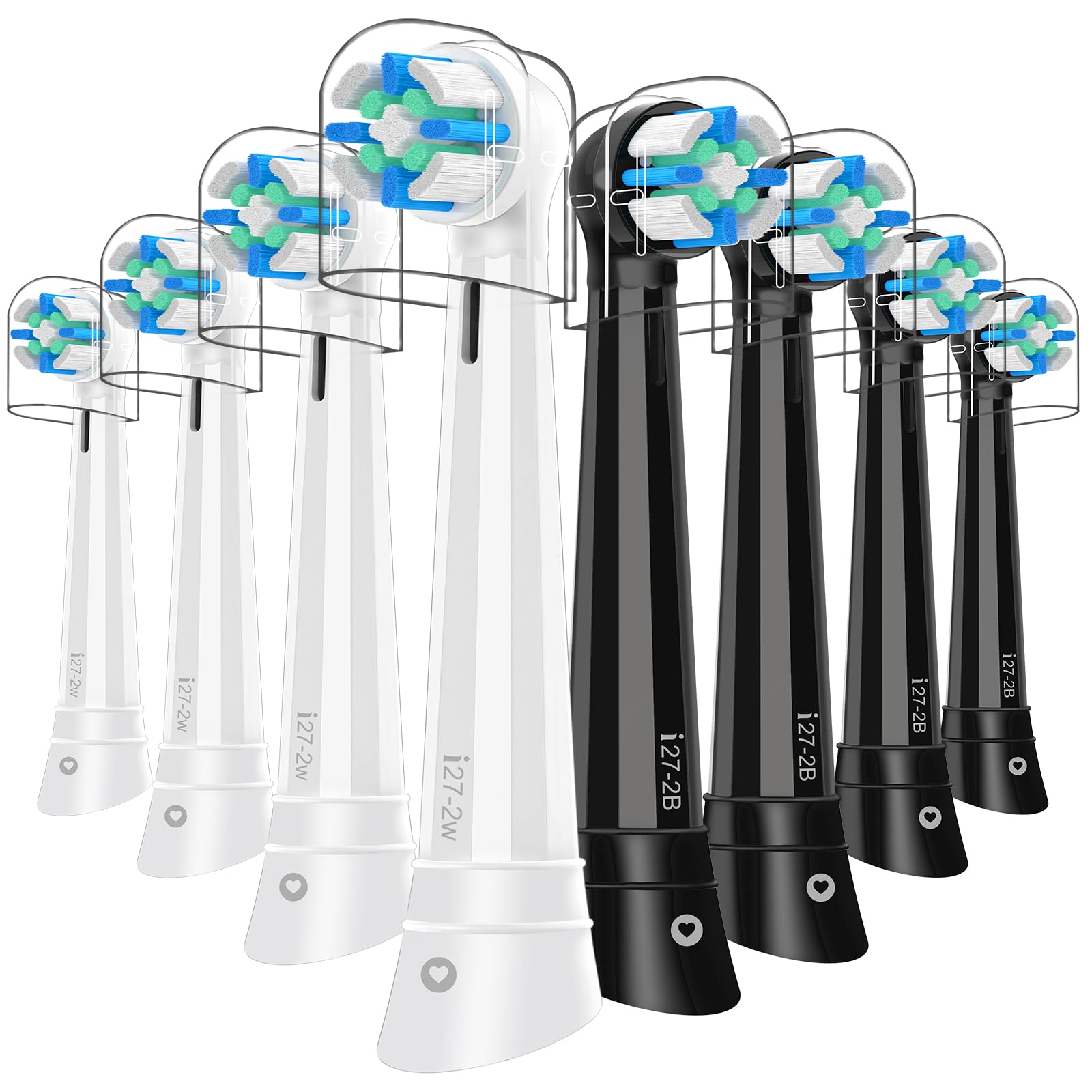 8-pack IO replacement heads for Oral-B iO in black and white, front view