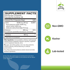 Ingredients showing iodine, l-tyrosine, and selenium for thyroid support