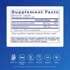 Close-up of iodine and l-tyrosine capsules for thyroid support