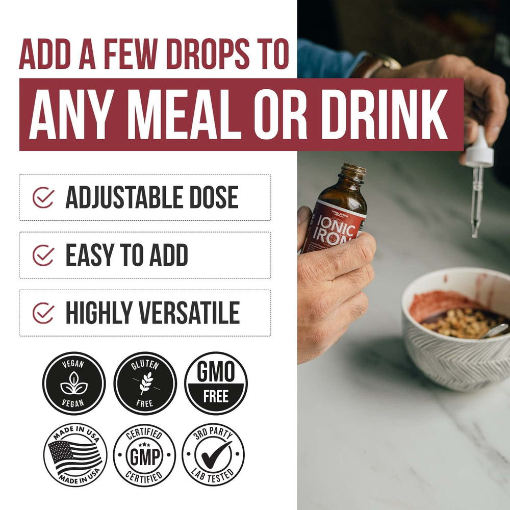 Liquid iron supplement bottle on kitchen counter