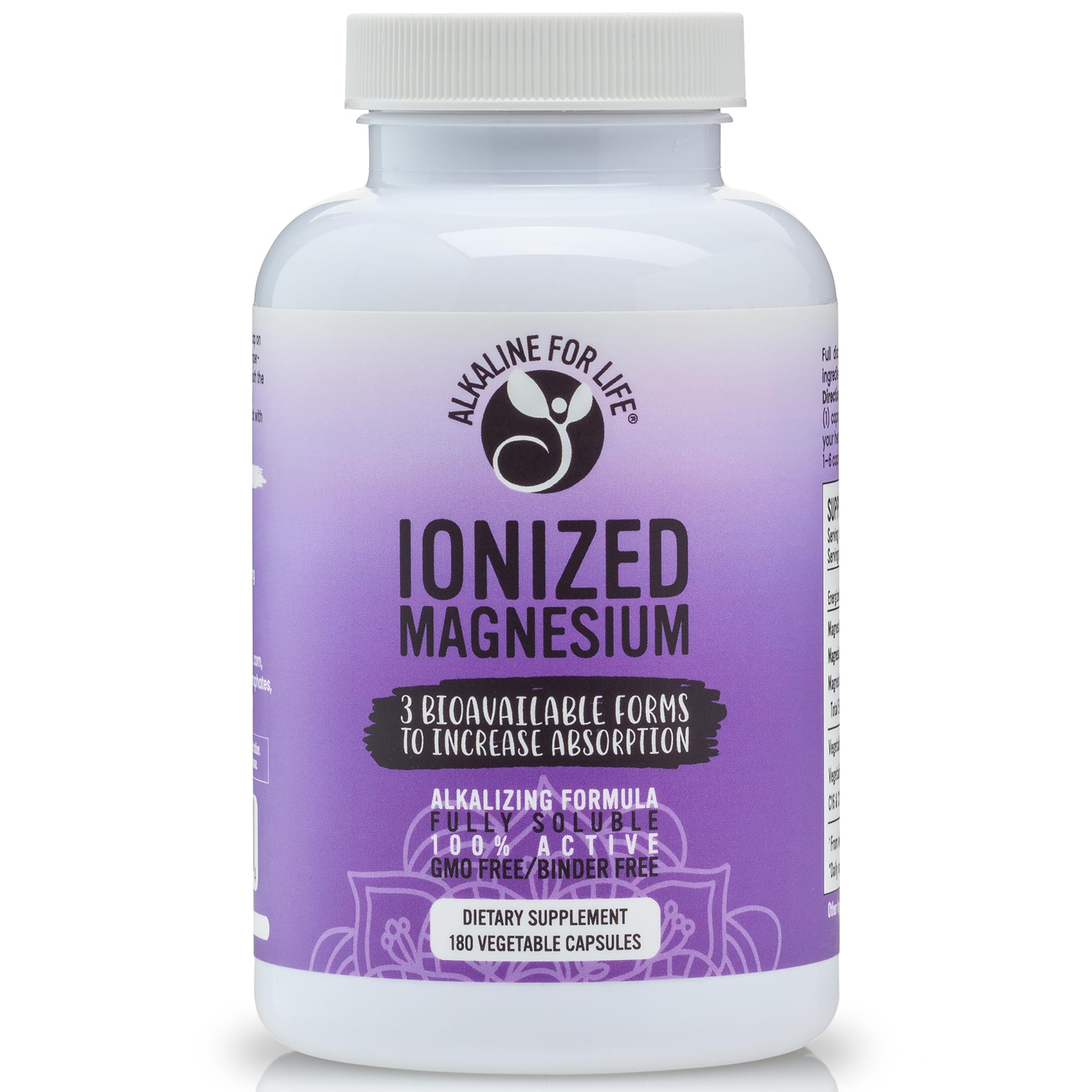 Ionized Magnesium bottle label with glycine, citrate, and ascorbate blend - 180 capsules