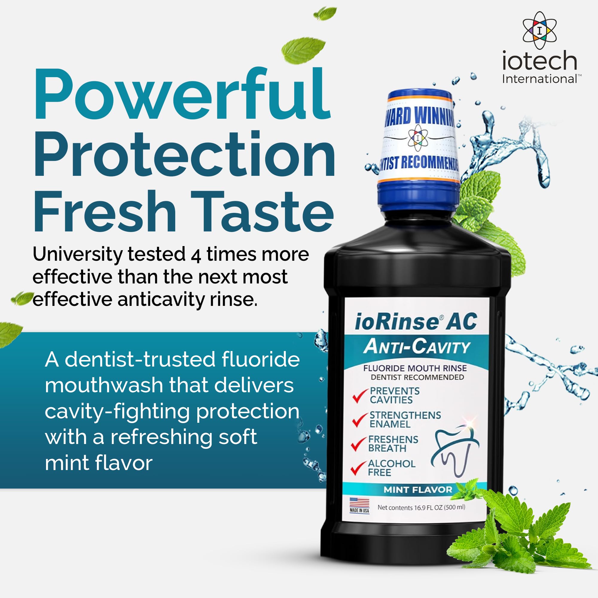 Alcohol-free label on ioRinse AC mouthwash