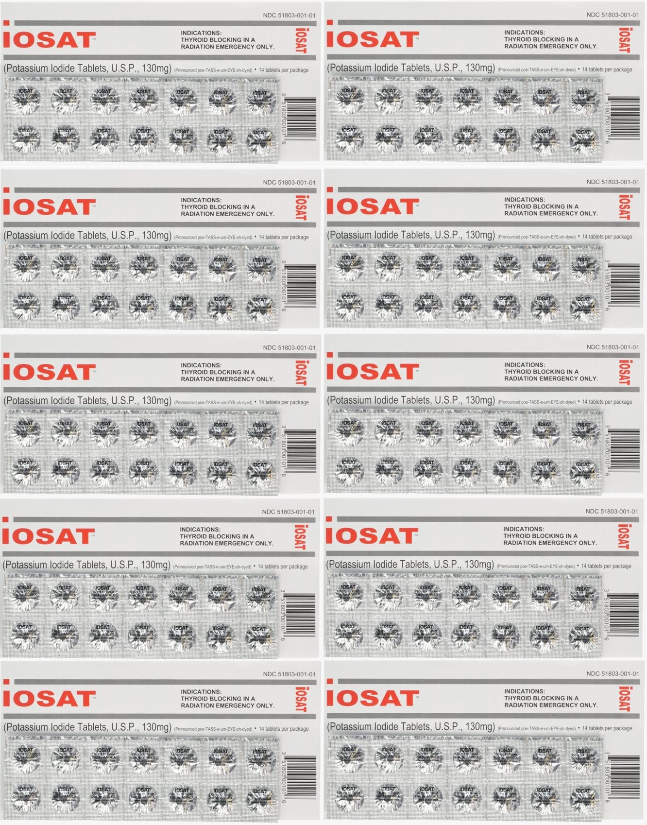 Box of iOSAT Potassium Iodide tablets 130 mg, 14 tablets per pack, 10 packs