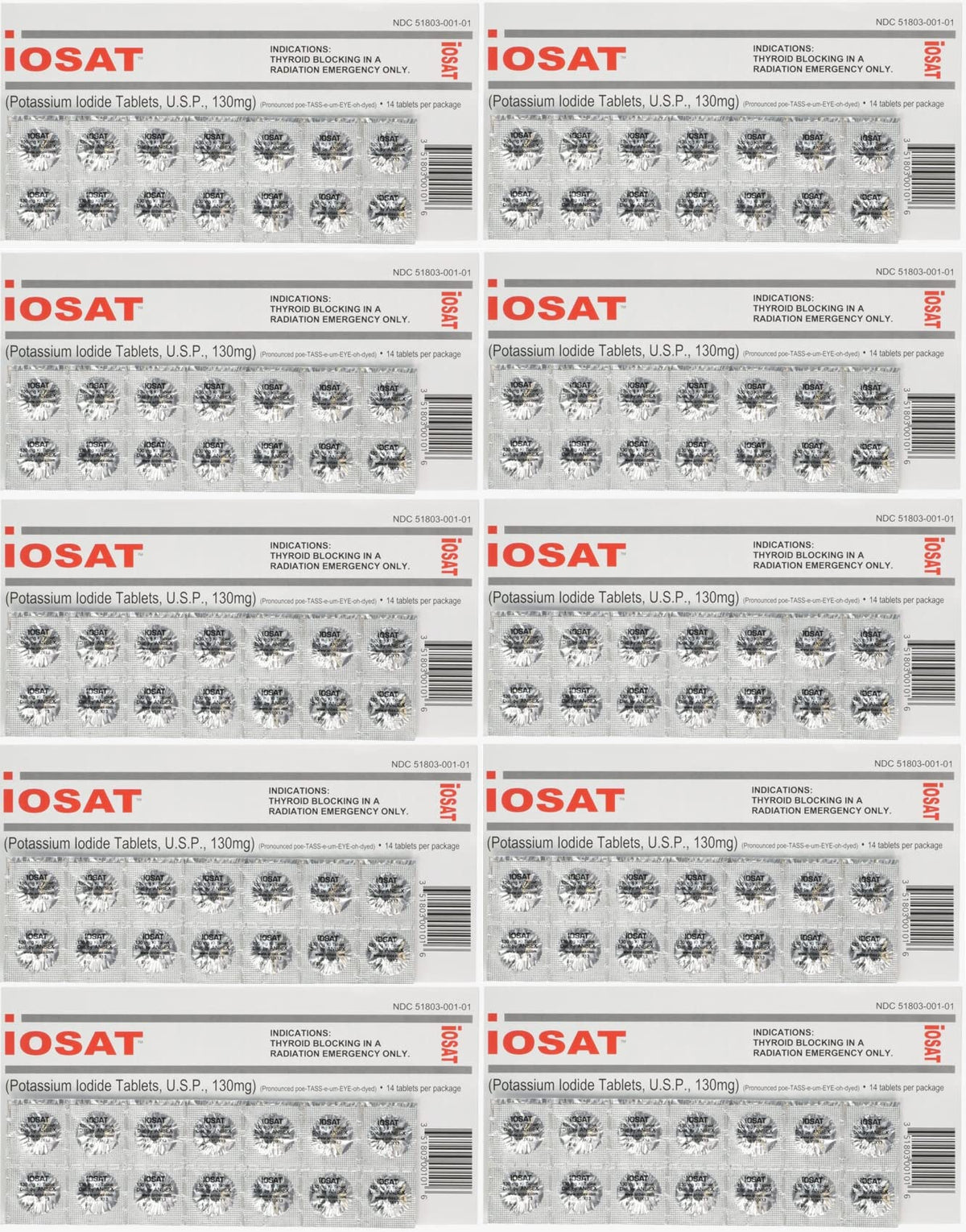 Box of iOSAT Potassium Iodide tablets 130 mg, 14 tablets per pack, 10 packs