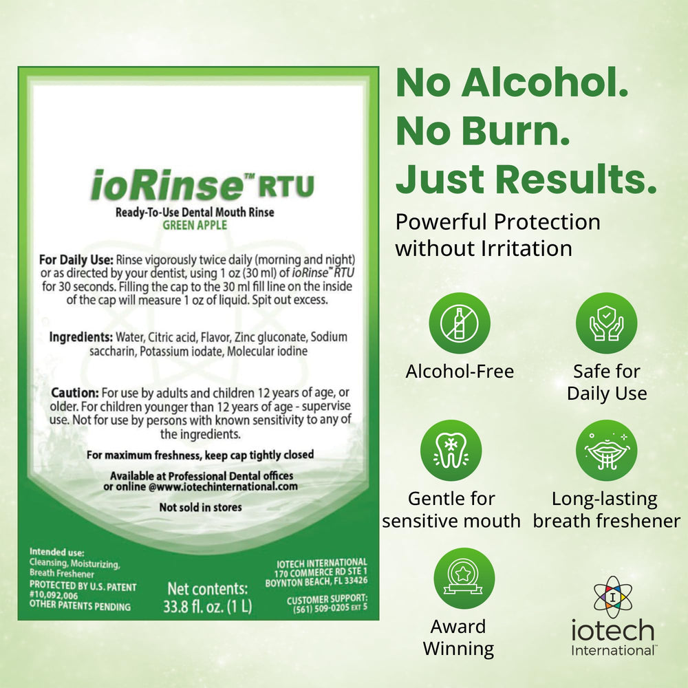 Iotech ioRinse RTU bottle placed on bathroom counter for daily use convenience