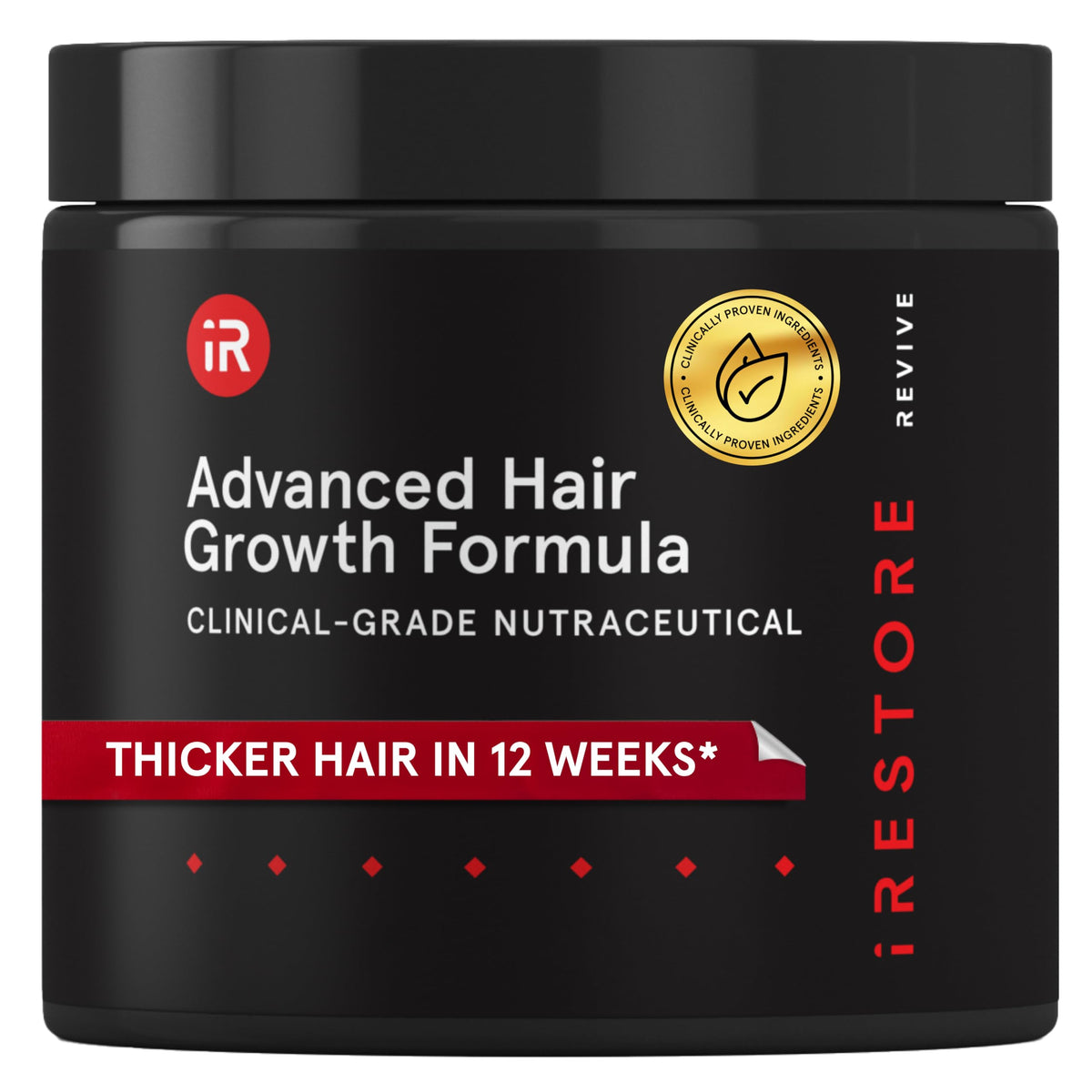 Front view of iRestore Hair Growth Supplement for Women with Lustriva in black bottle