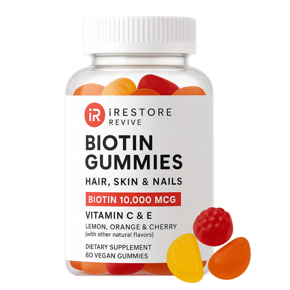 iRestore Hair Gummy Vitamins bottle with Biotin 10000mcg label.
