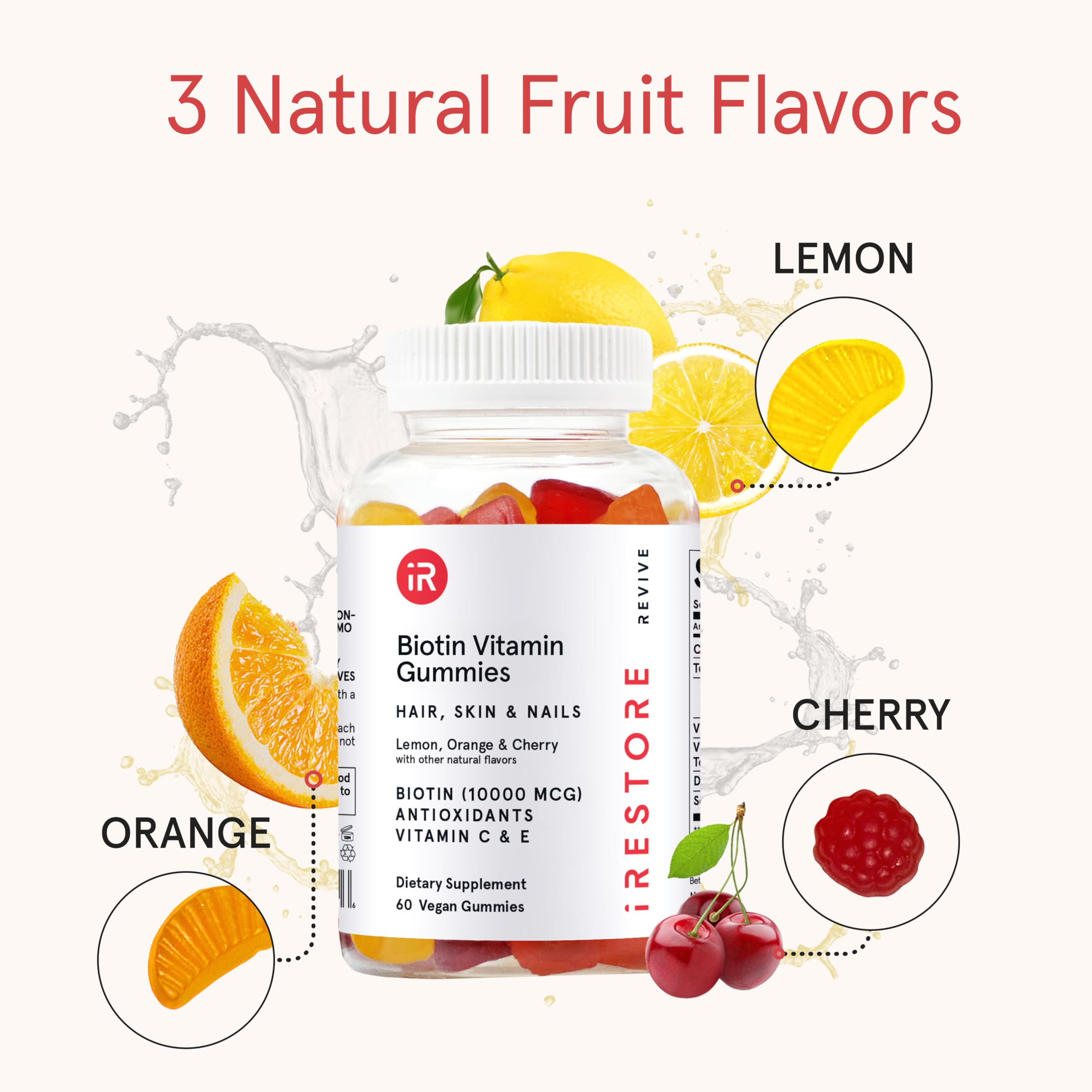 Gummies emphasizing hair growth, nail strength, and skin health.