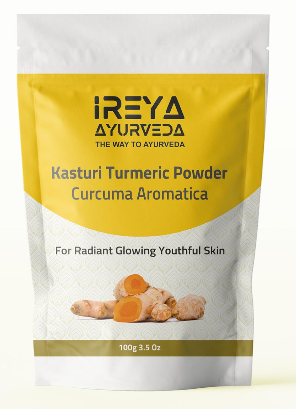 Ireya Kasturi Turmeric Kasthuri Manjal powder packaging and jar on white background