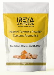 Ireya Kasturi Turmeric Kasthuri Manjal powder packaging and jar on white background