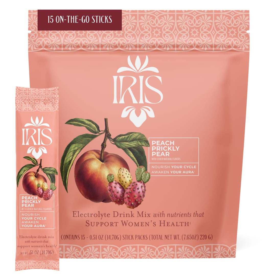 Iris front packaging showing peach prickly pear flavor and benefits