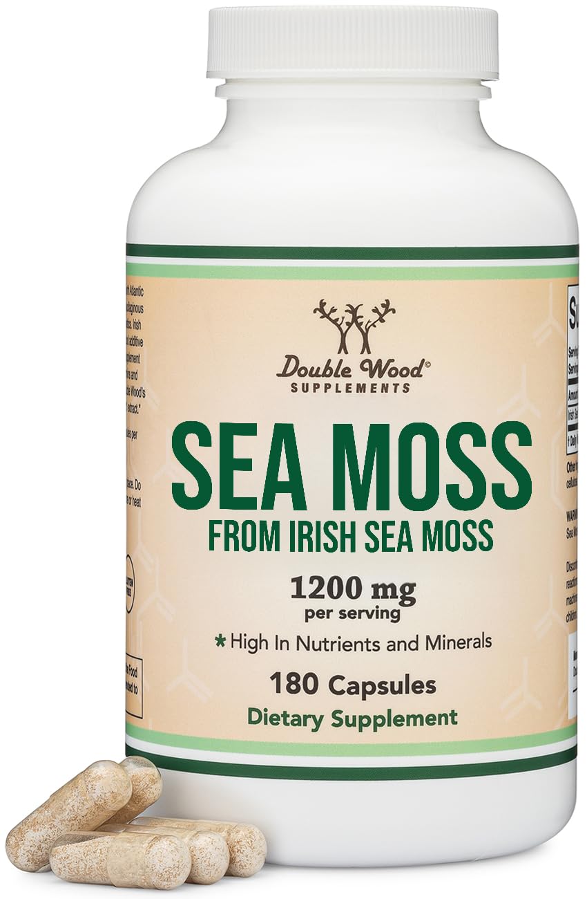 Front view of Double Wood Irish Sea Moss Capsules bottle (180 count, 1200 mg per serving) on white background