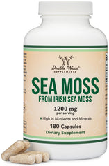 Front view of Double Wood Irish Sea Moss Capsules bottle (180 count, 1200 mg per serving) on white background